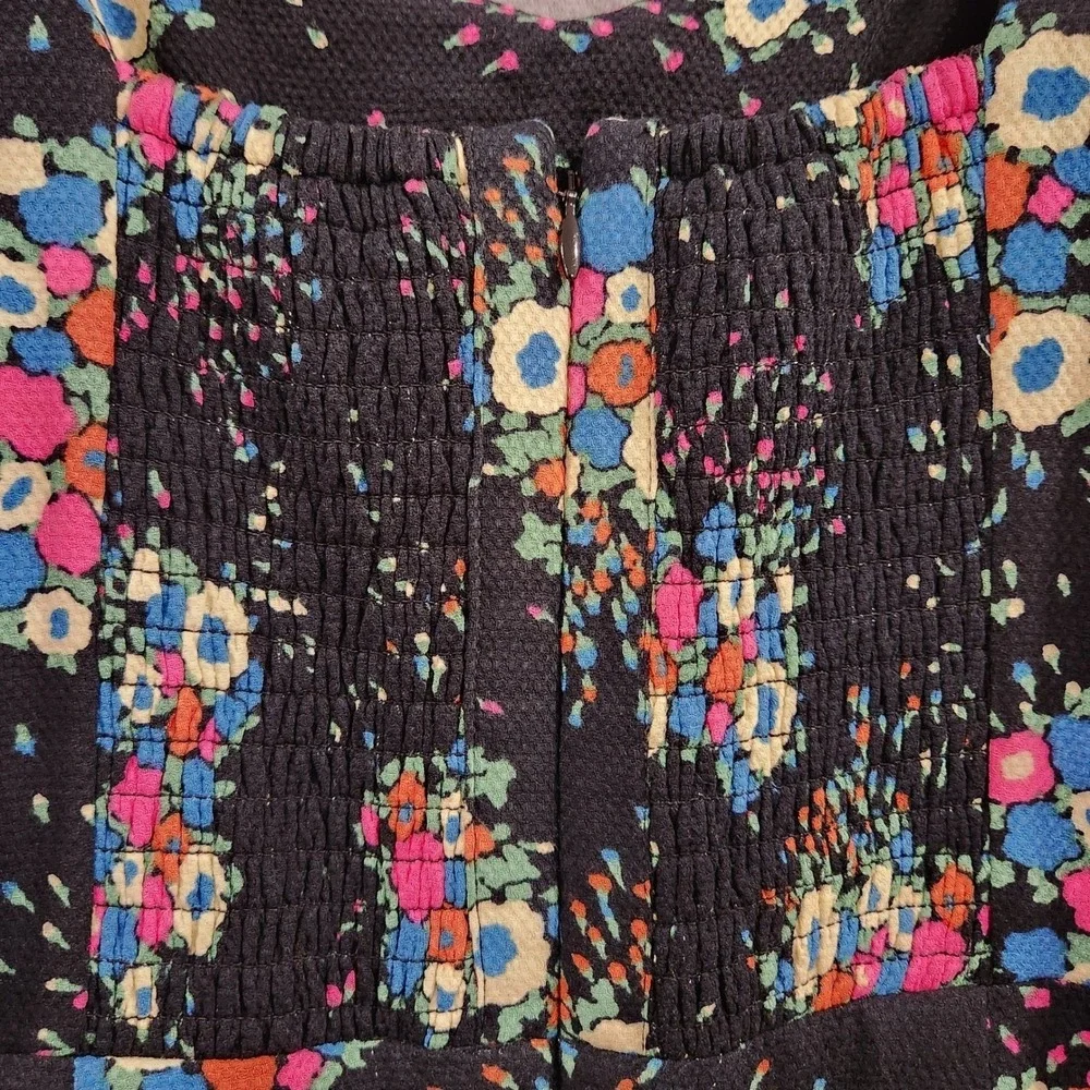 Anthropologie Floral Puff Sleeve Smocked Back Midi Dress Black Multicolor Size 4